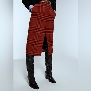 Zara red plaid midi skirt